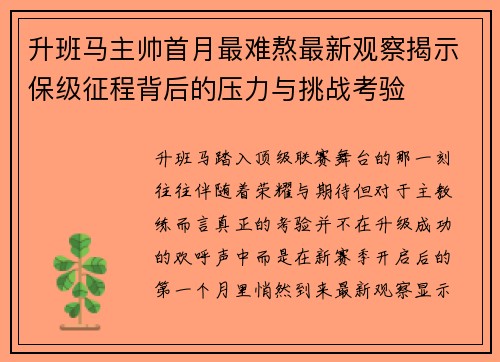 升班马主帅首月最难熬最新观察揭示保级征程背后的压力与挑战考验 升班马主帅首月最难熬最新观察揭示保级征程背后的压力与挑战考验